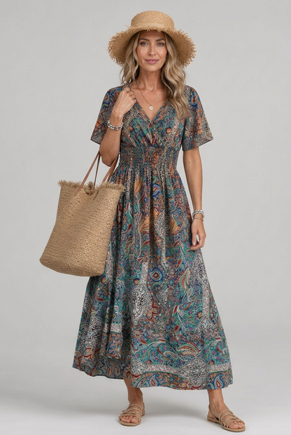 Women's Bohemian Maxi Dress with V-Neck and Smocked Waist
