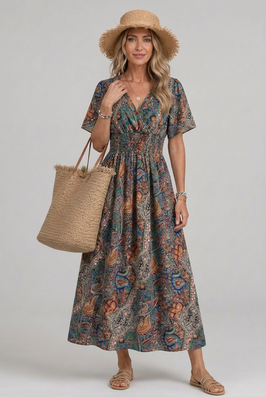 Women's Bohemian Maxi Dress with V-Neck and Smocked Waist