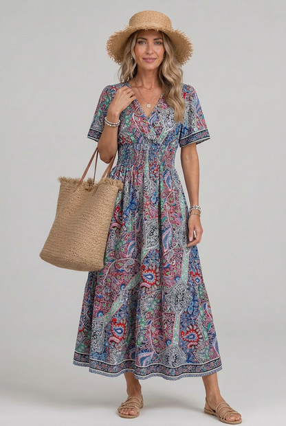 Women's Bohemian Maxi Dress with V-Neck and Smocked Waist