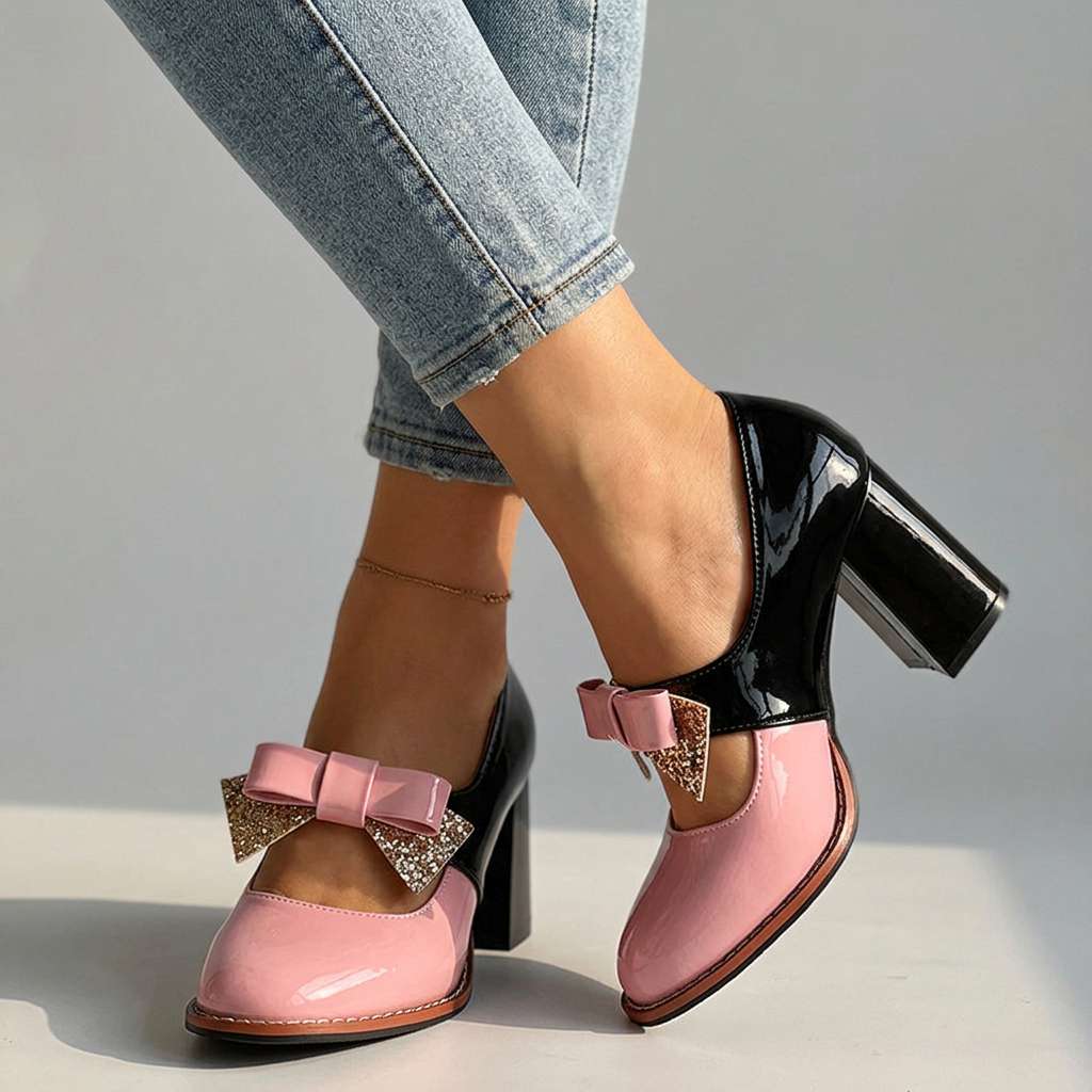 Women's Bow Loafers with Polished Finish and Block Heel