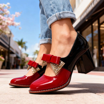 Women's Bow Loafers with Polished Finish and Block Heel