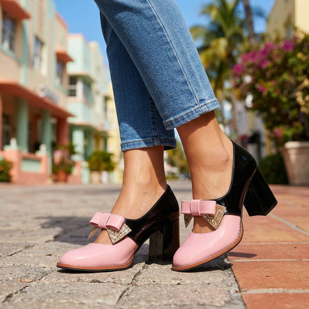Women's Bow Loafers with Polished Finish and Block Heel