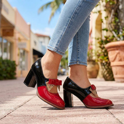 Women's Bow Loafers with Polished Finish and Block Heel
