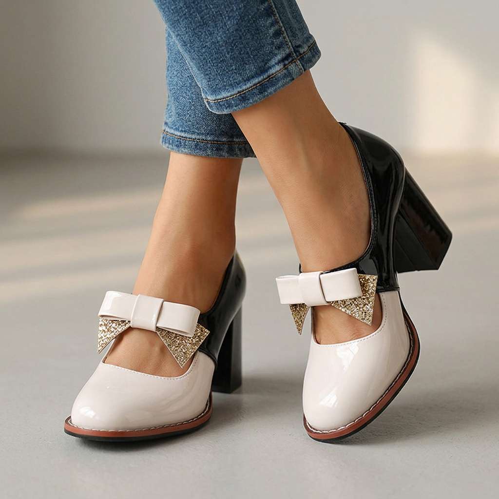 Women's Bow Loafers with Polished Finish and Block Heel