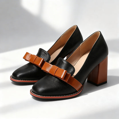 Women's Bow Strap Loafers with Block Heel