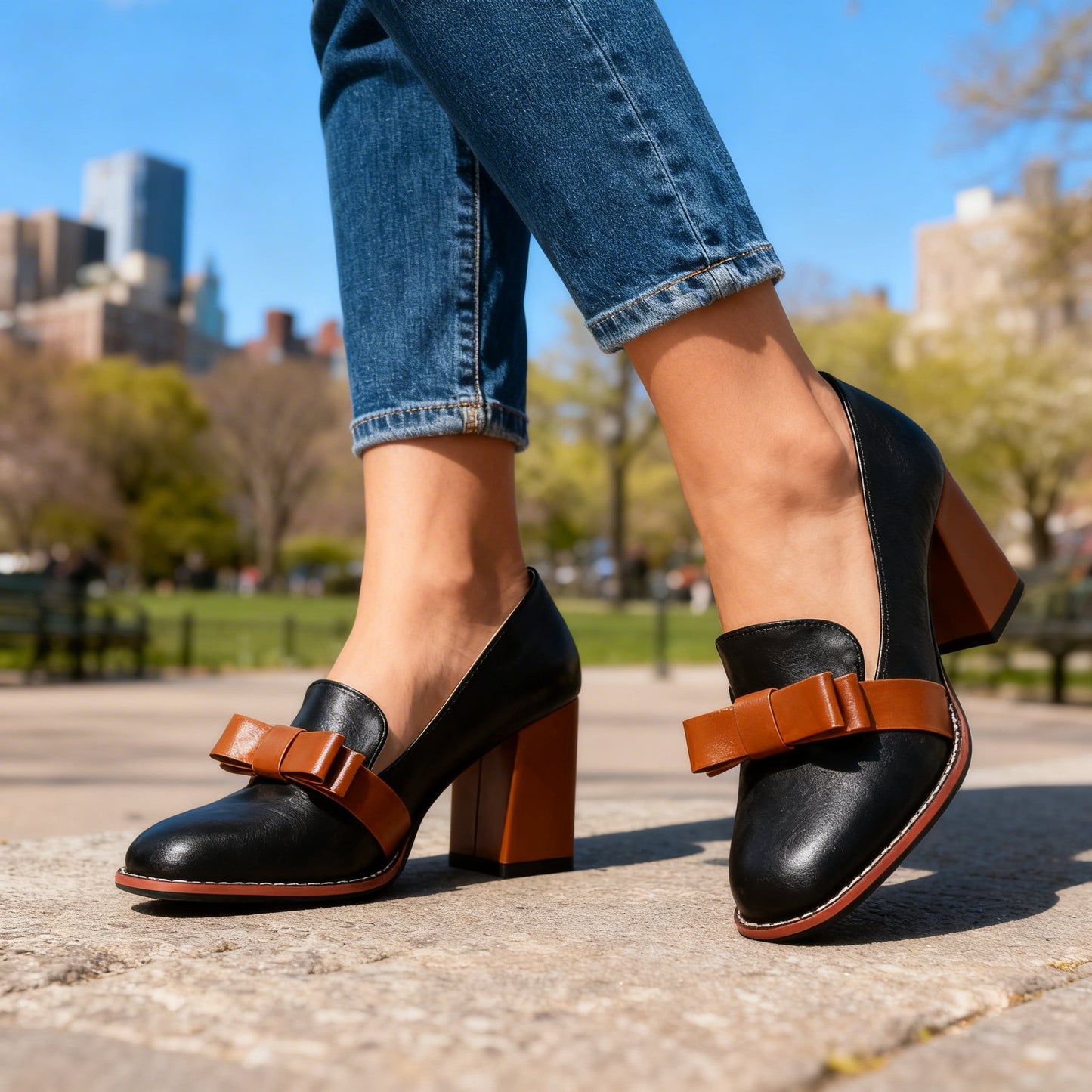 Women's Bow Strap Loafers with Block Heel