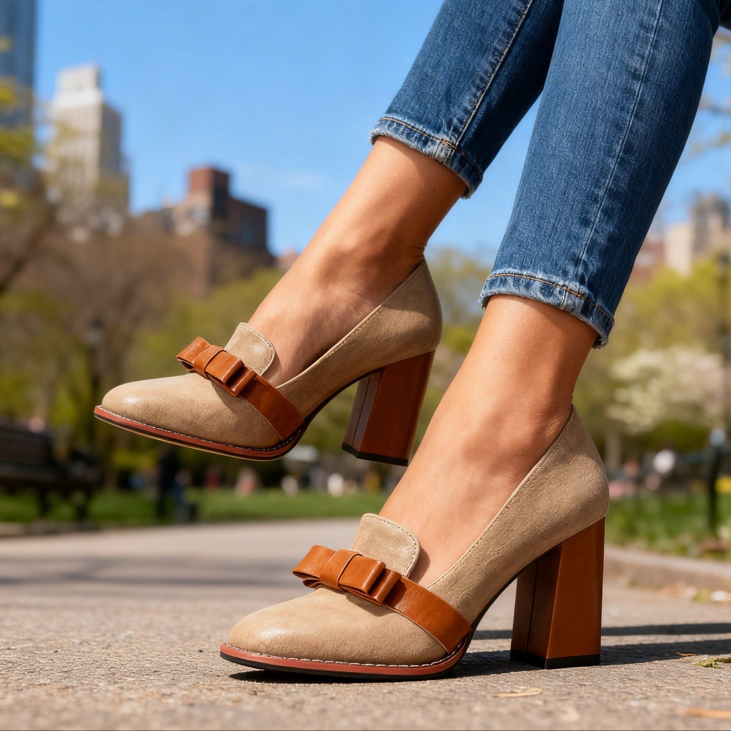 Women's Bow Strap Loafers with Block Heel