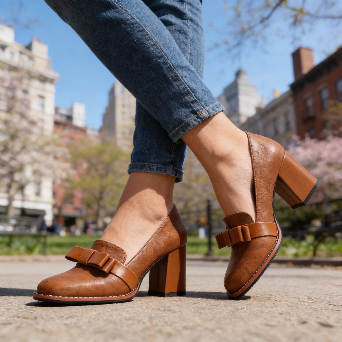 Women's Bow Strap Loafers with Block Heel