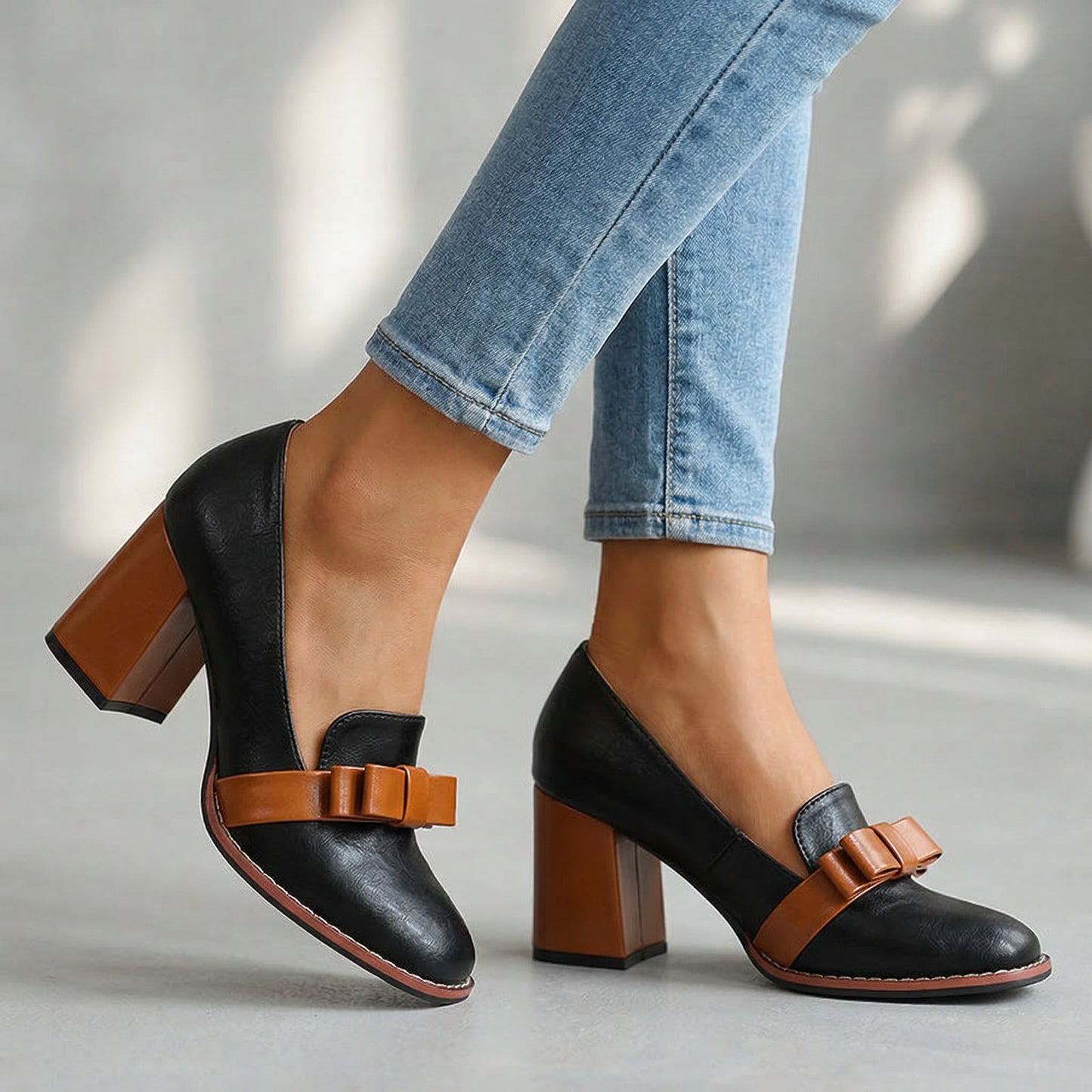 Women's Bow Strap Loafers with Block Heel