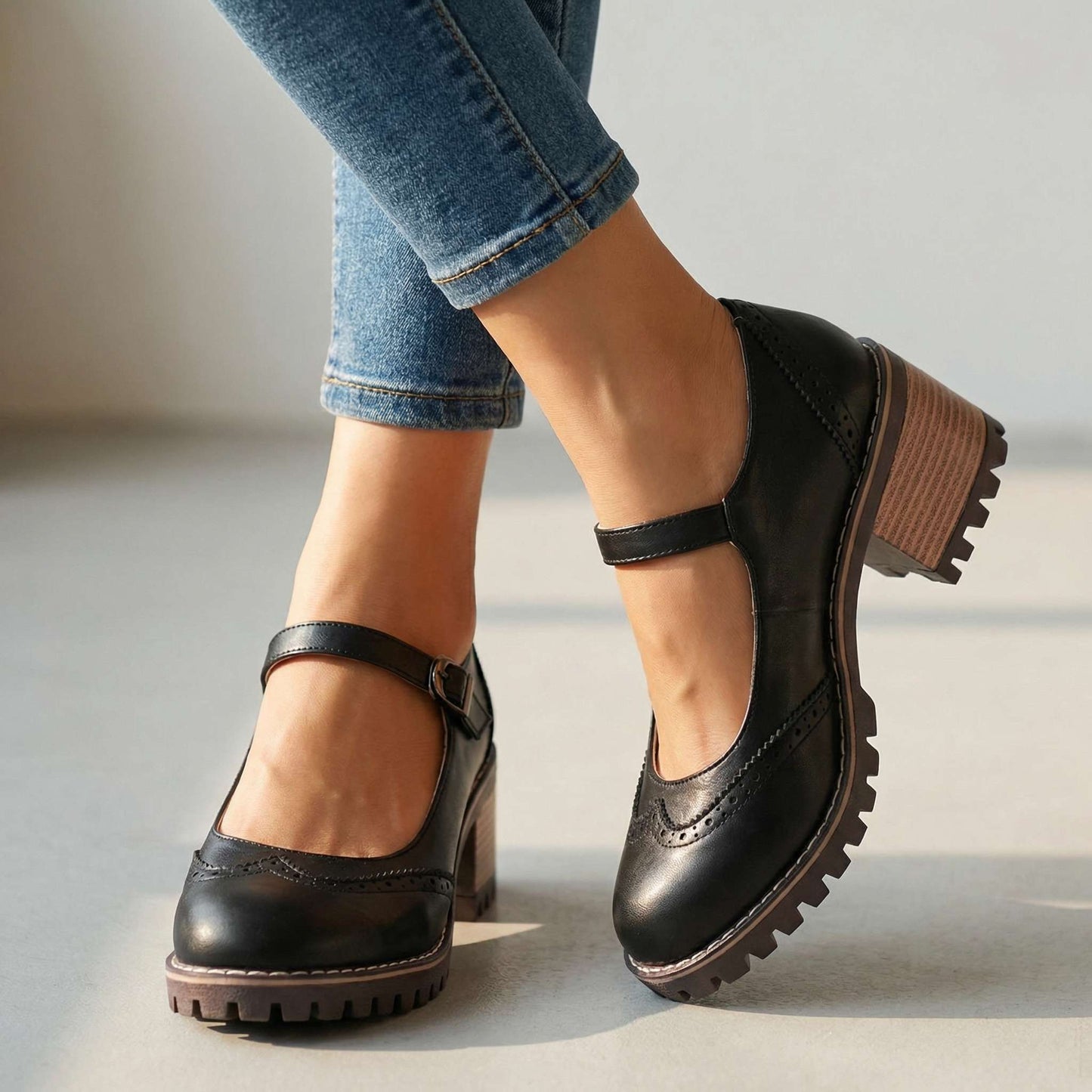 Women's Brogue Design Chunky Heels with Slip-On Style