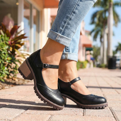 Women's Brogue Design Chunky Heels with Slip-On Style