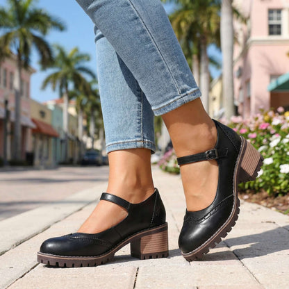 Women's Brogue Design Chunky Heels with Slip-On Style