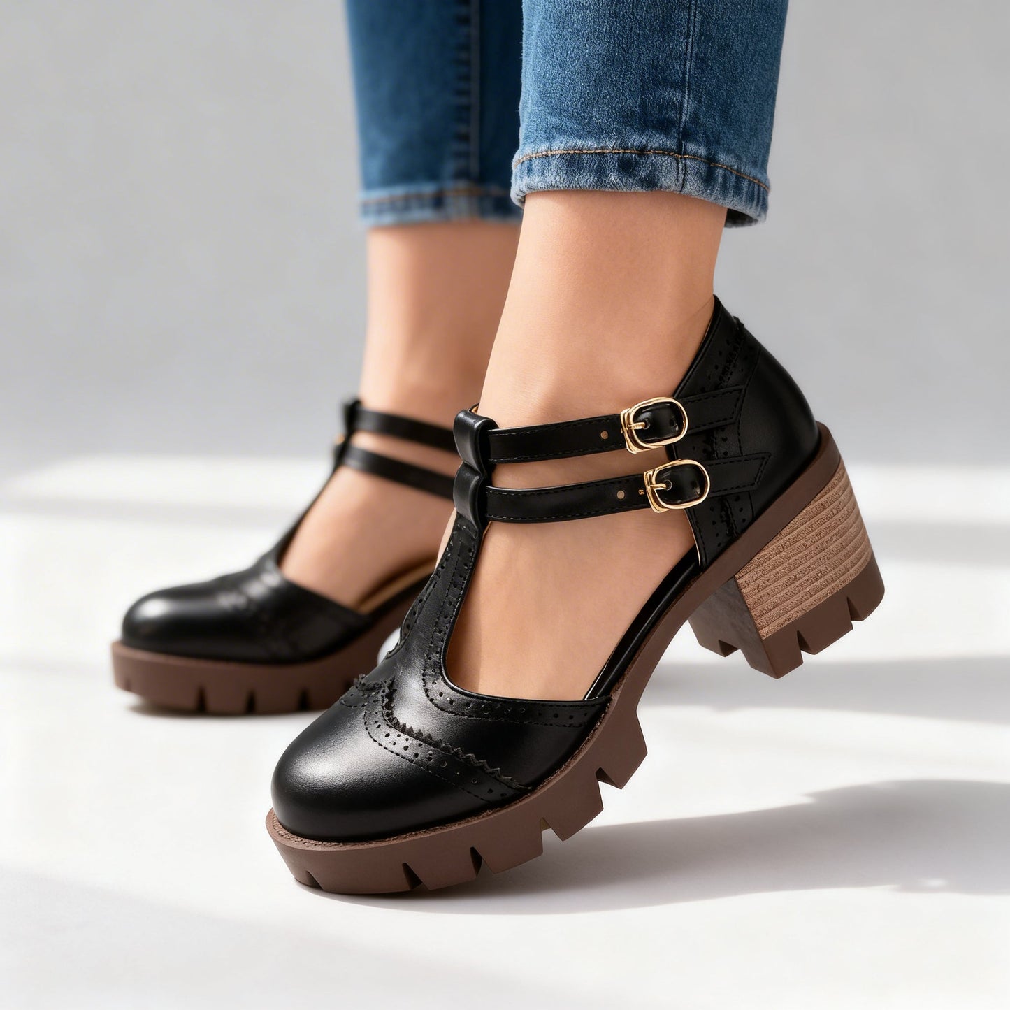 Women's Brogue Loafers with Adjustable Buckle Strap