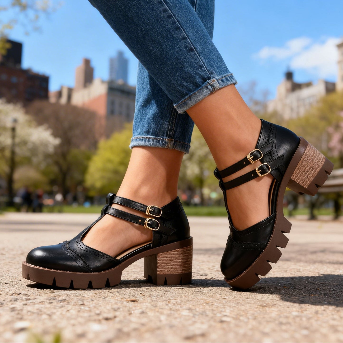 Women's Brogue Loafers with Adjustable Buckle Strap