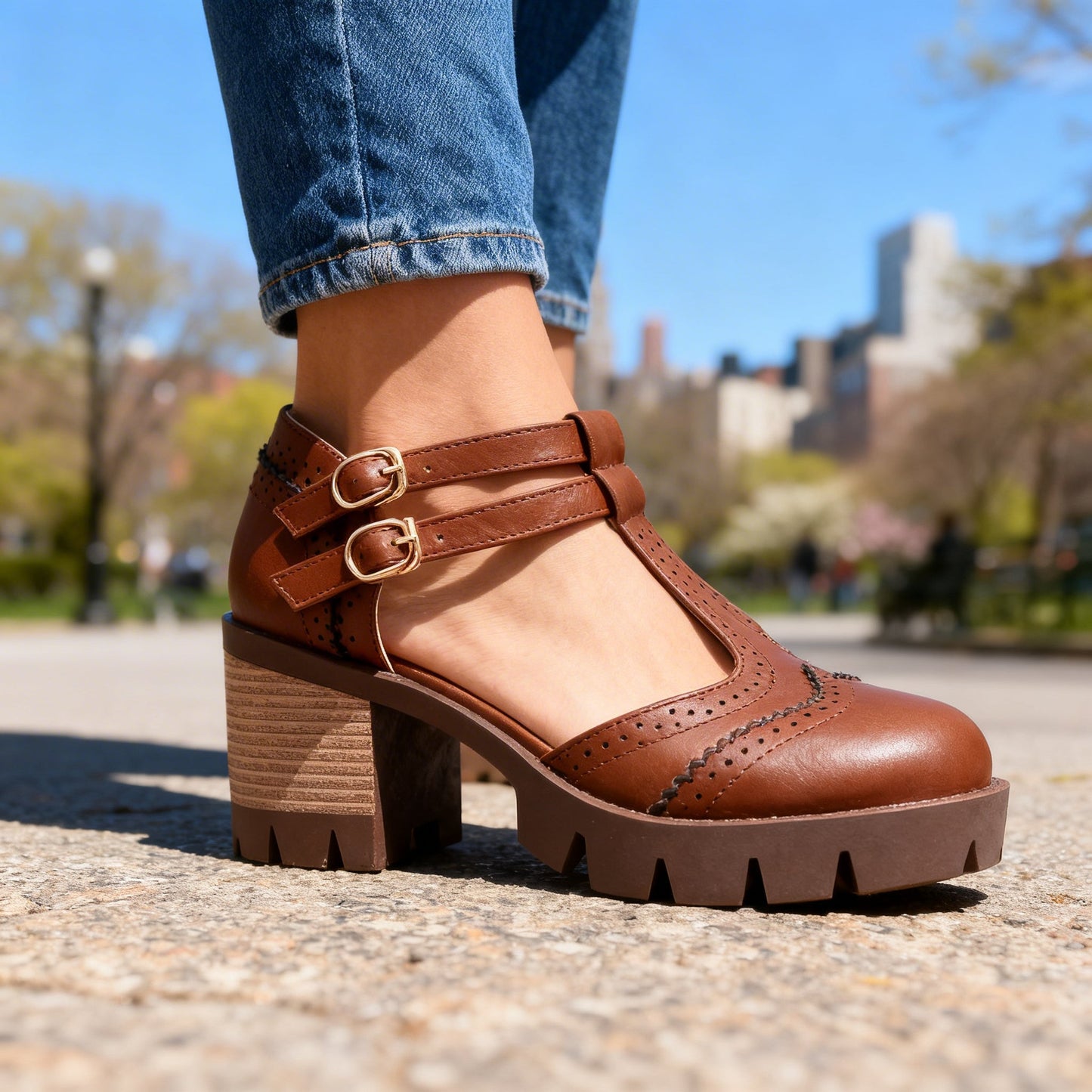 Women's Brogue Loafers with Adjustable Buckle Strap