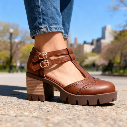 Women's Brogue Loafers with Adjustable Buckle Strap