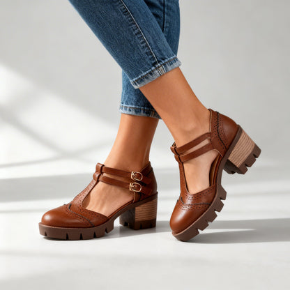 Women's Brogue Loafers with Adjustable Buckle Strap