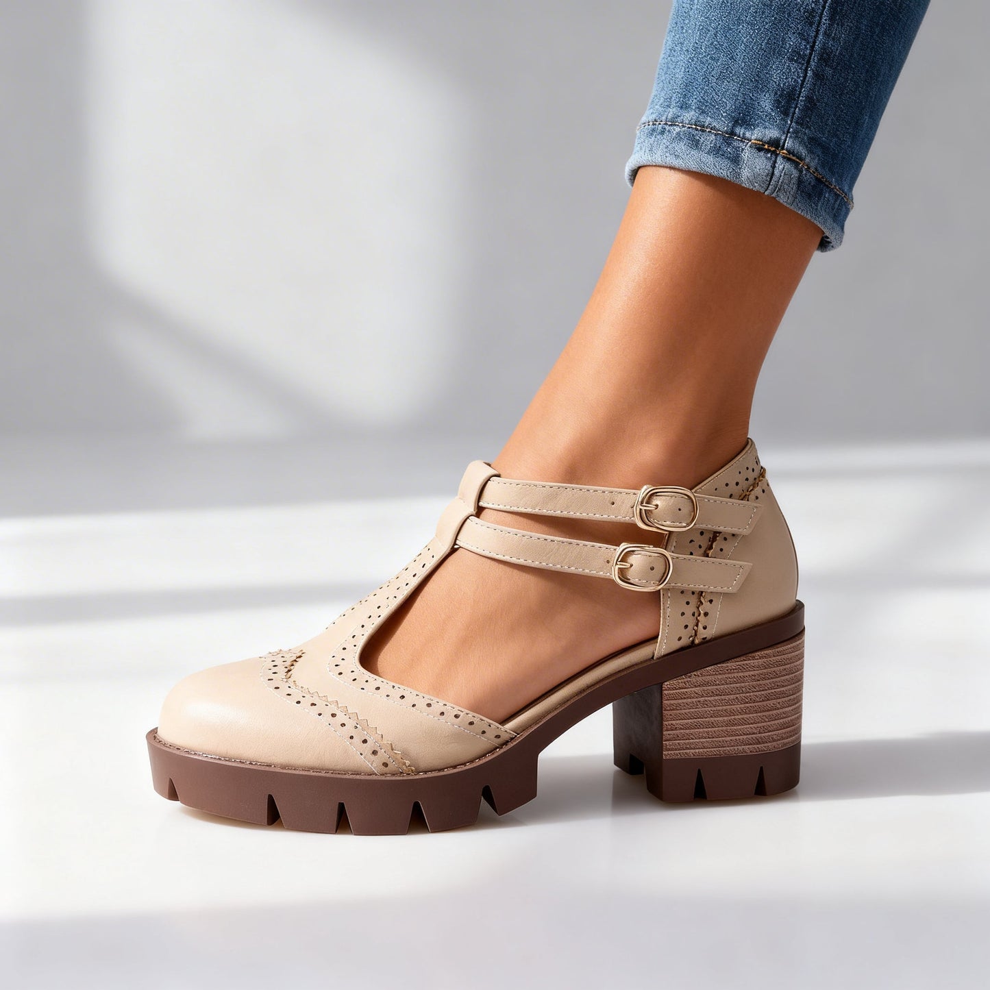 Women's Brogue Loafers with Adjustable Buckle Strap