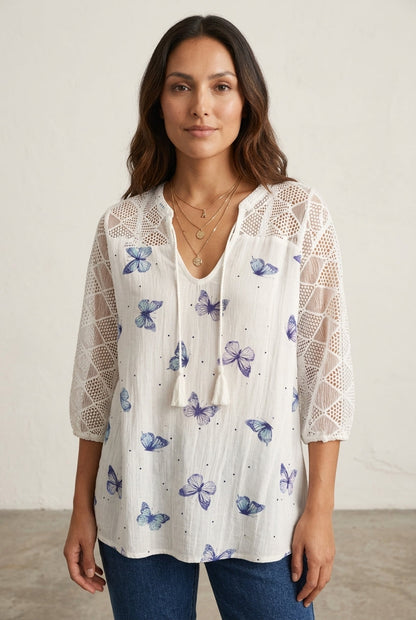 Women's Butterfly Print Top with V-Neck and Mesh Sleeves
