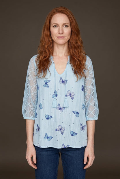 Women's Butterfly Print Top with V-Neck and Mesh Sleeves