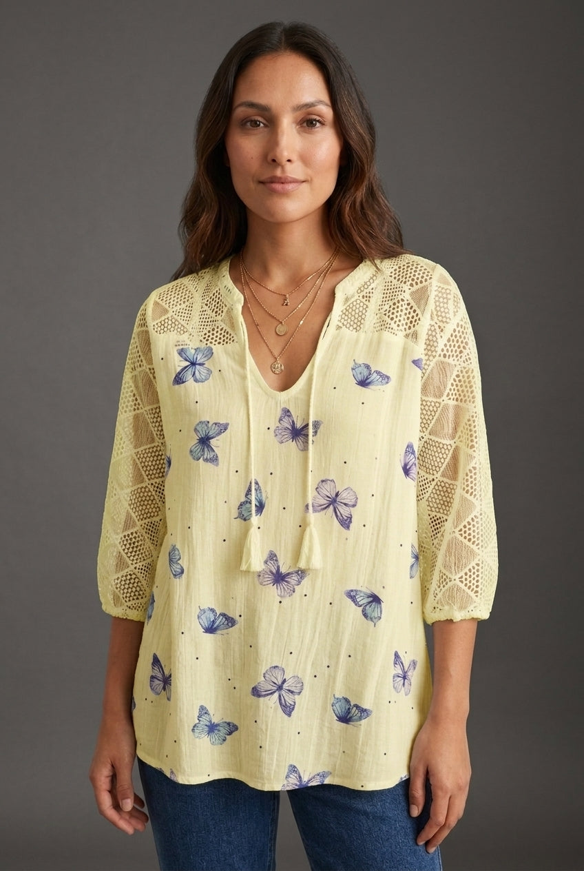 Women's Butterfly Print Top with V-Neck and Mesh Sleeves