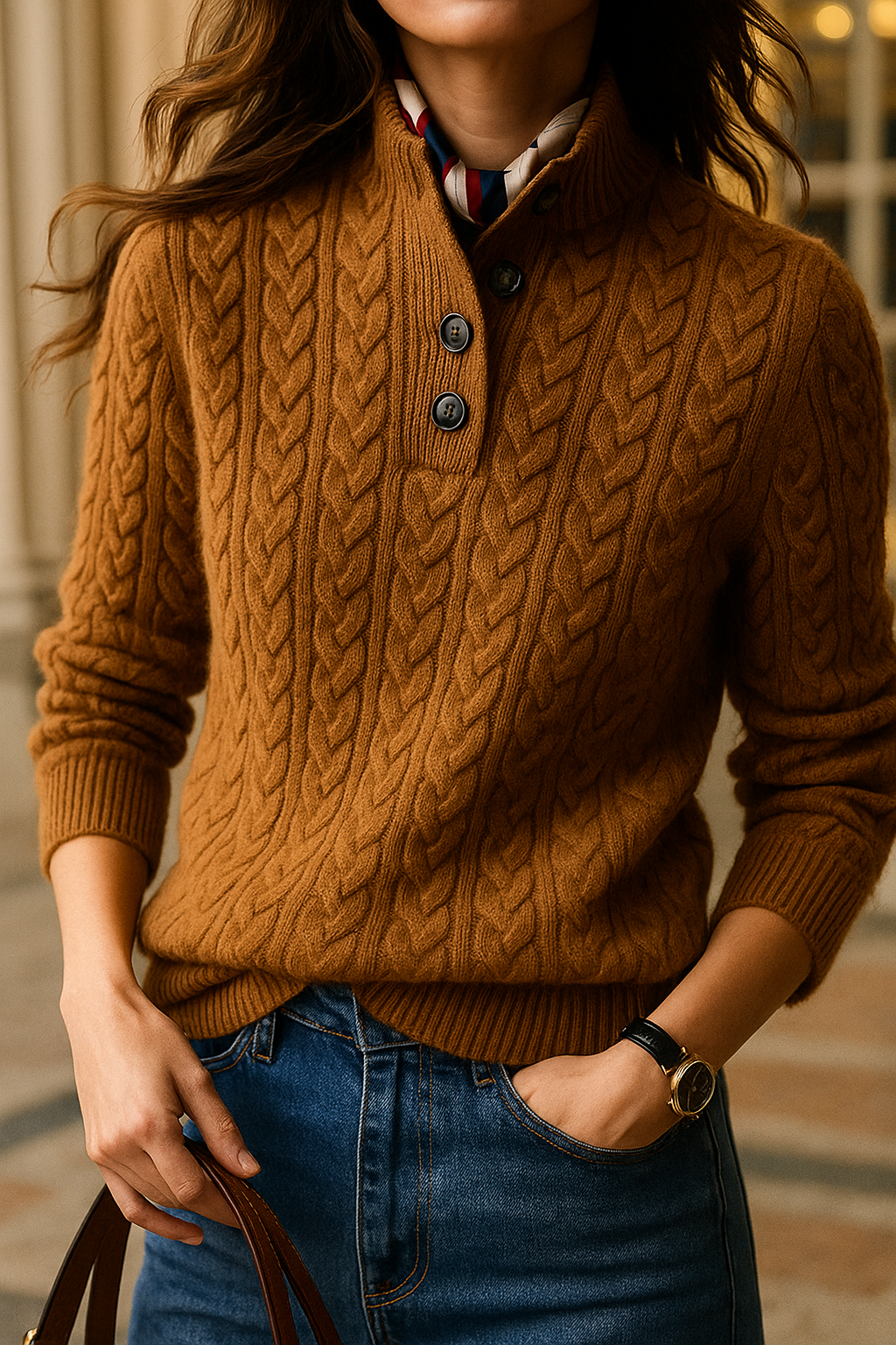 Women's Cable Knit Jumper with Button-Neck Detail Elegant
