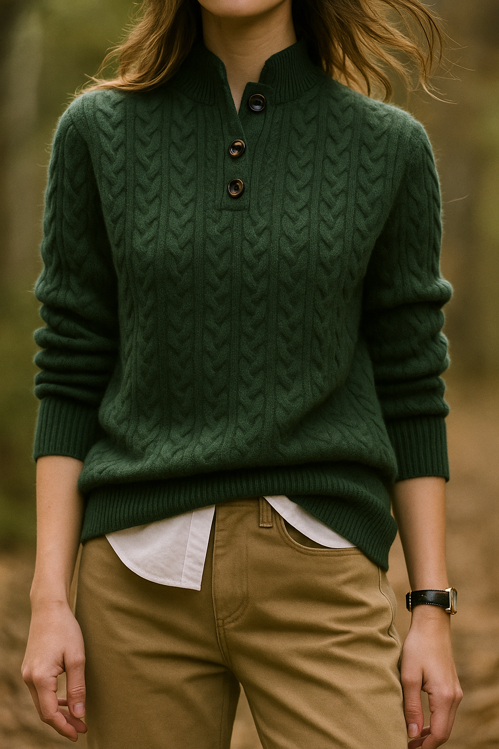 Women's Cable Knit Jumper with Button-Neck Detail Elegant