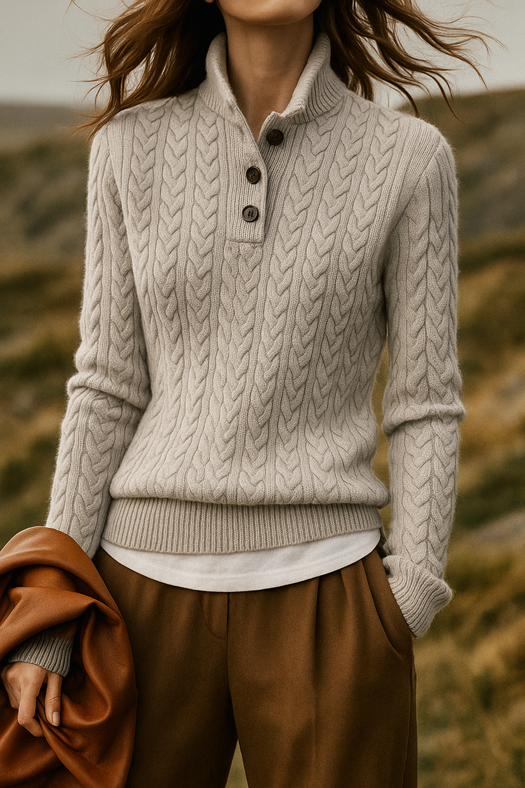 Women's Cable Knit Jumper with Button-Neck Detail Elegant
