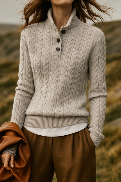 Women's Cable Knit Jumper with Button-Neck Detail Elegant