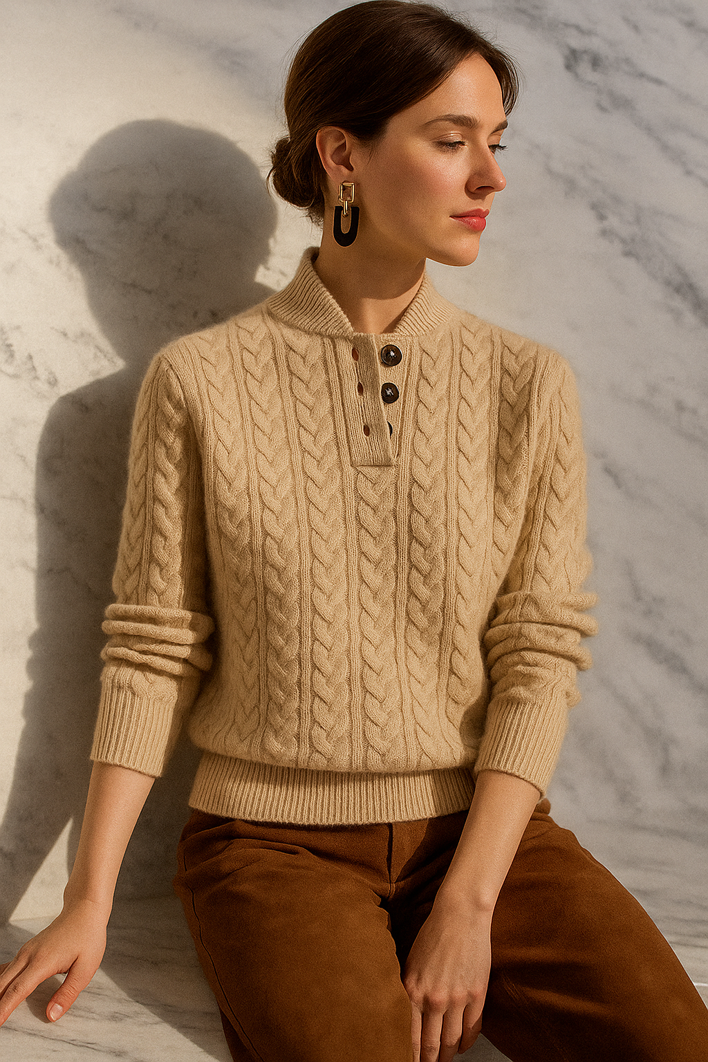 Women's Cable Knit Jumper with Button-Neck Detail Elegant