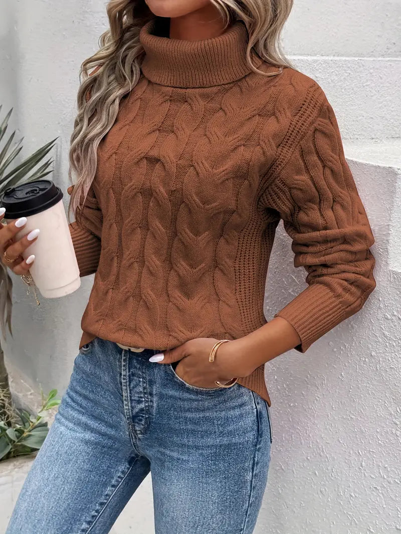 Women's Cable Knit Turtleneck Sweater with Ribbed Cuffs
