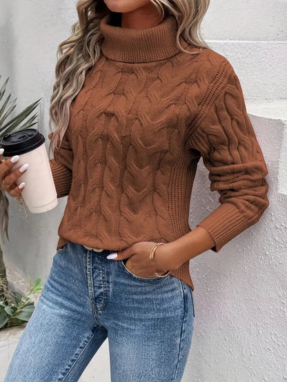 Women's Cable Knit Turtleneck Sweater with Ribbed Cuffs