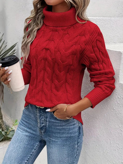 Women's Cable Knit Turtleneck Sweater with Ribbed Cuffs
