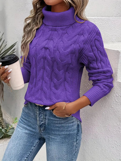 Women's Cable Knit Turtleneck Sweater with Ribbed Cuffs