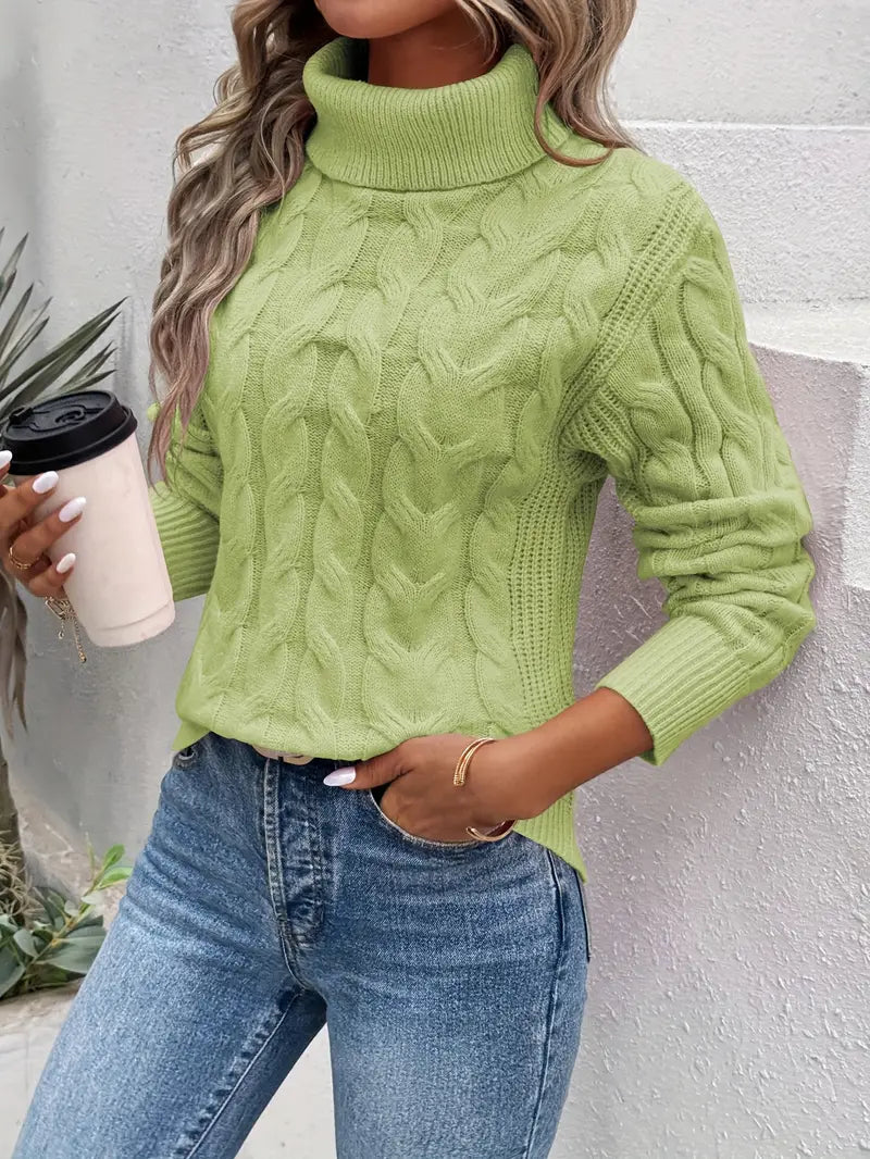 Women's Cable Knit Turtleneck Sweater with Ribbed Cuffs