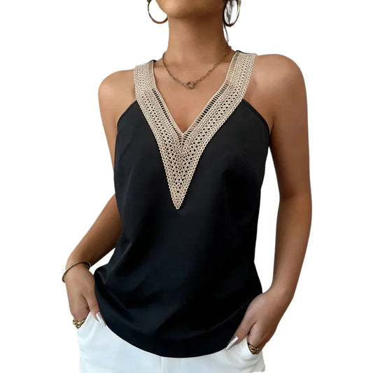 Women's Camisole Top with Lace Trim and V-Neck