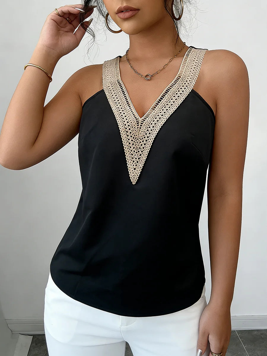 Women's Camisole Top with Lace Trim and V-Neck