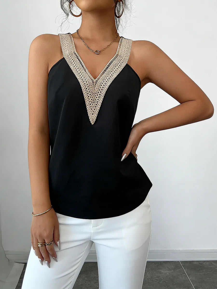 Women's Camisole Top with Lace Trim and V-Neck