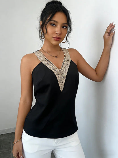 Women's Camisole Top with Lace Trim and V-Neck