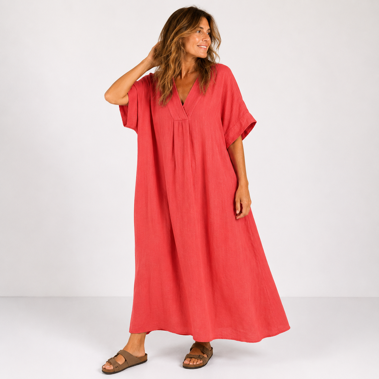 Women's Casual Dress with V-Neckline and Fluid Cut