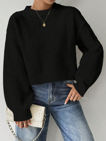 Women's Casual Fine Knit Sweater with Round Neck and Dropped Shoulders