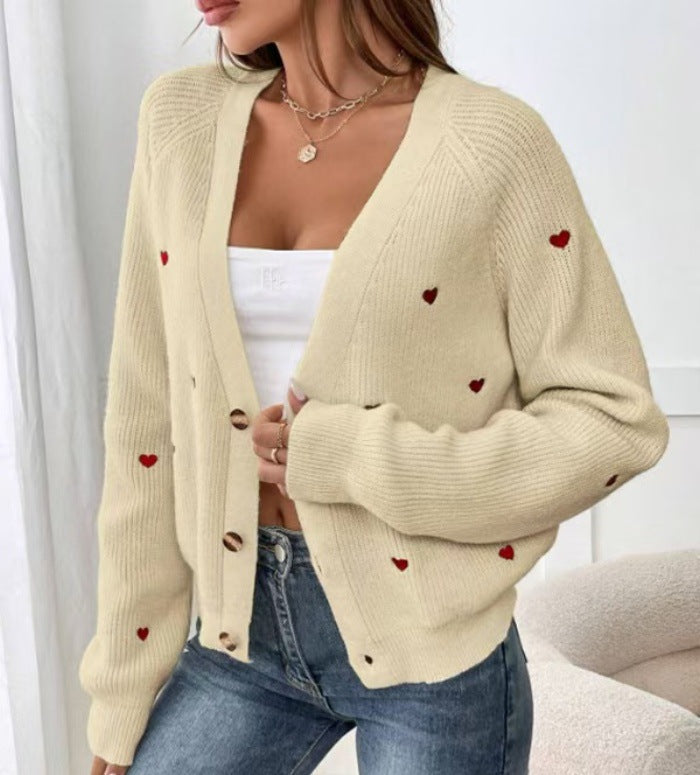 Women's Casual Fit Cardigan with Heart Appliqués in Soft Knit Fabric