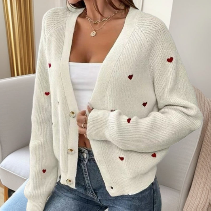 Women's Casual Fit Cardigan with Heart Appliqués in Soft Knit Fabric