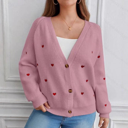 Women's Casual Fit Cardigan with Heart Appliqués in Soft Knit Fabric