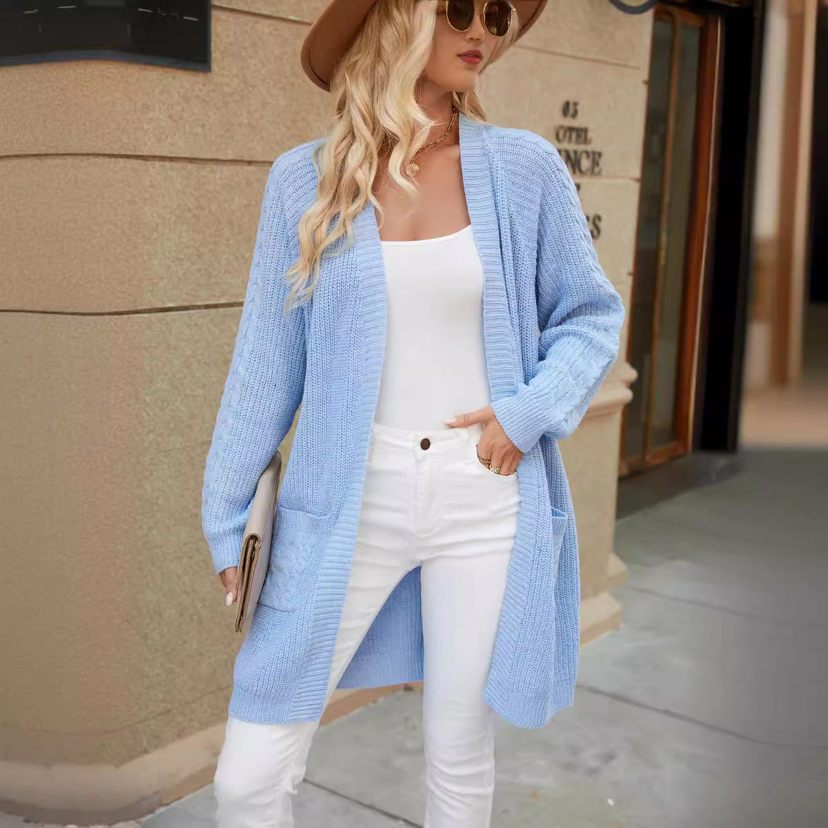 Women's Casual Knit Cardigan with Cable Pattern and Pockets