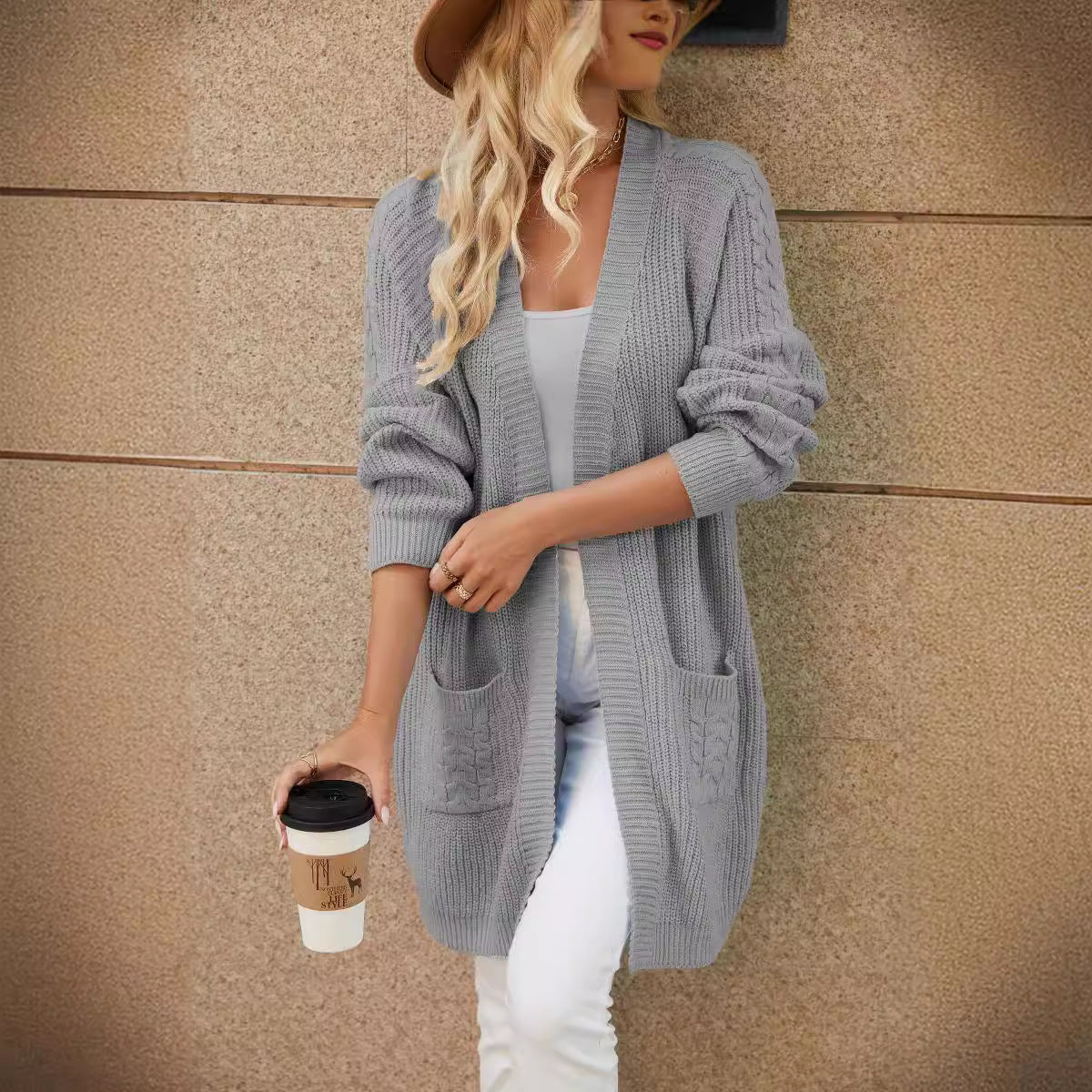 Women's Casual Knit Cardigan with Cable Pattern and Pockets