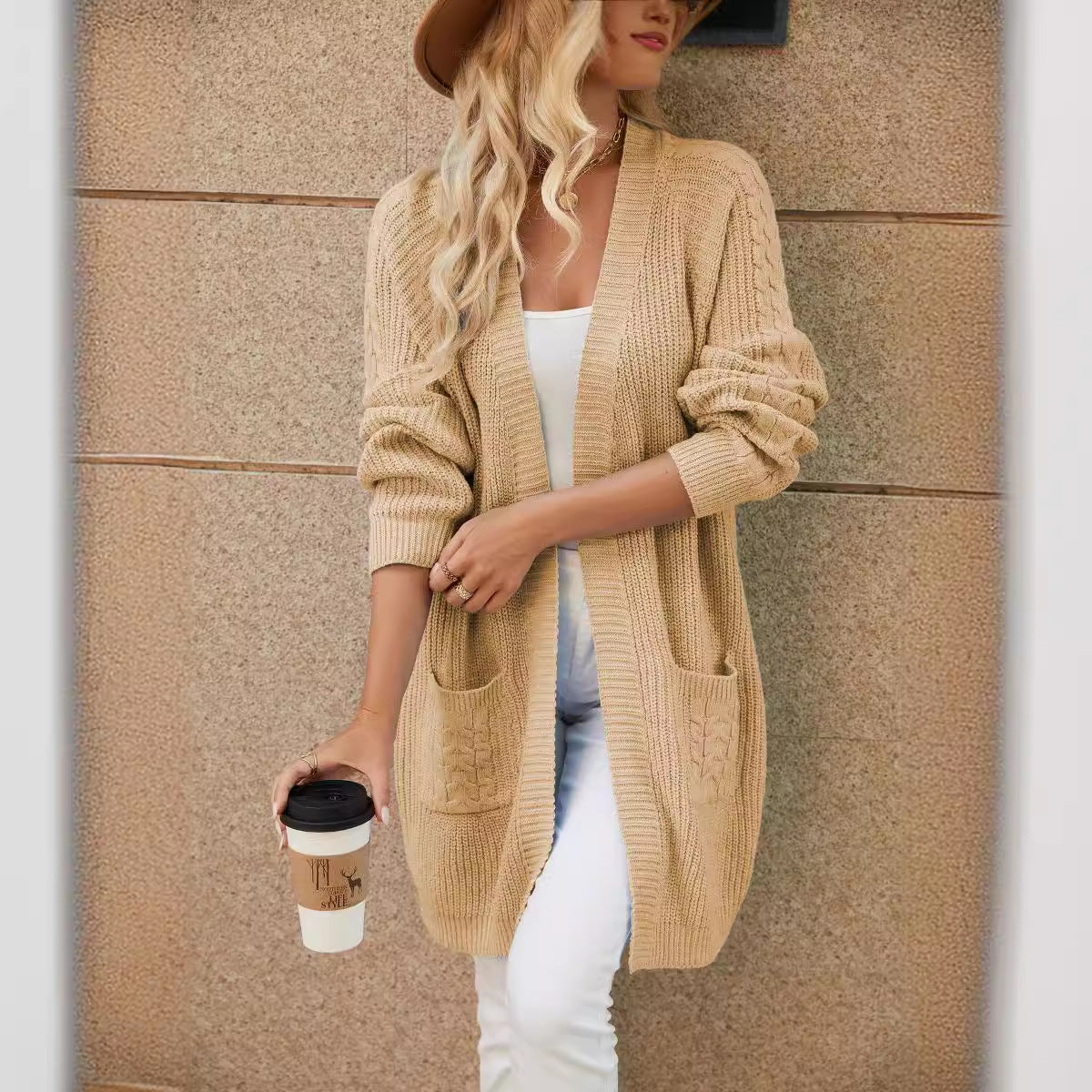 Women's Casual Knit Cardigan with Cable Pattern and Pockets