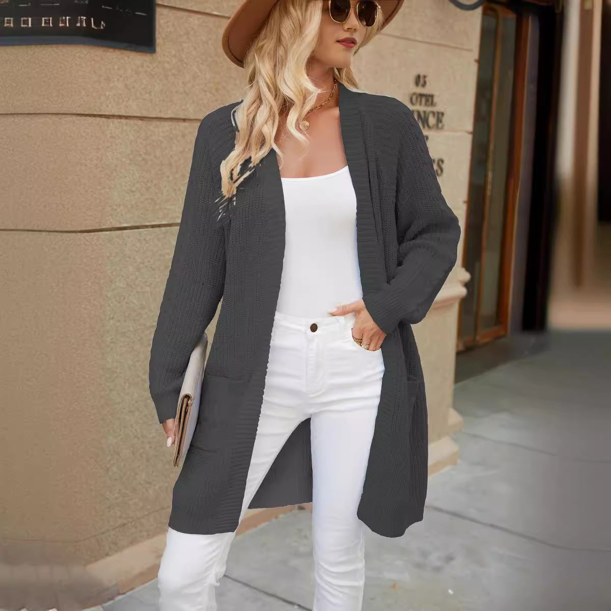 Women's Casual Knit Cardigan with Cable Pattern and Pockets