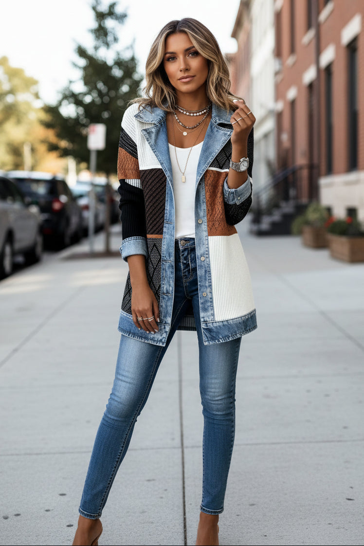Women's Casual Knit Cardigan with Denim Collar and Ribbed Detail