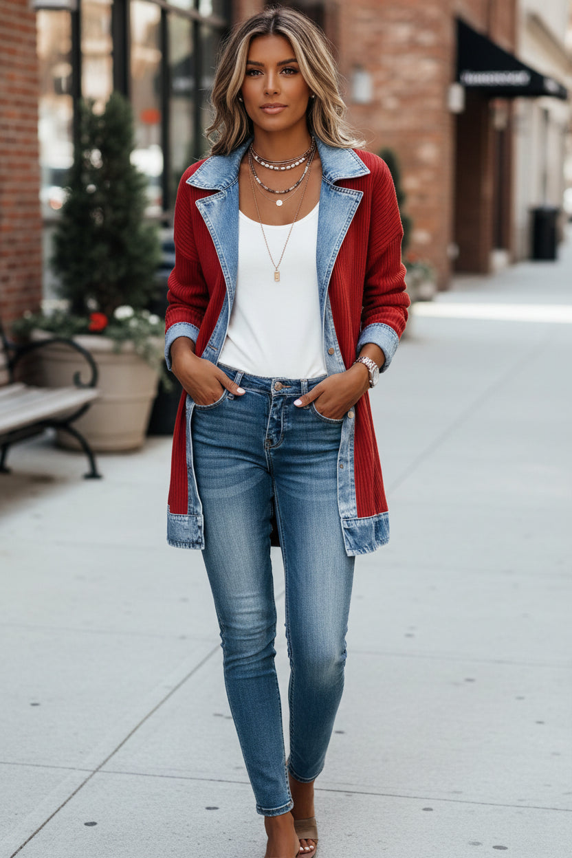 Women's Casual Knit Cardigan with Denim Collar and Ribbed Detail